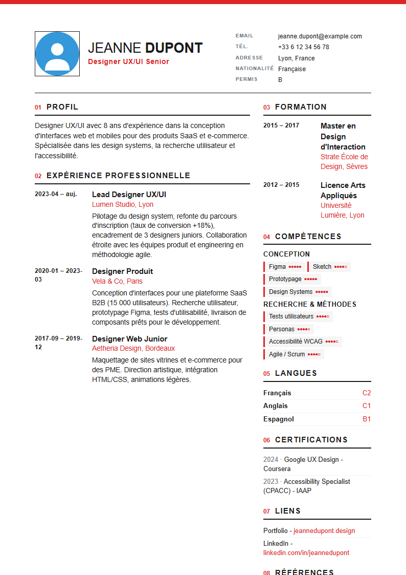 Aperçu d'un modèle de CV